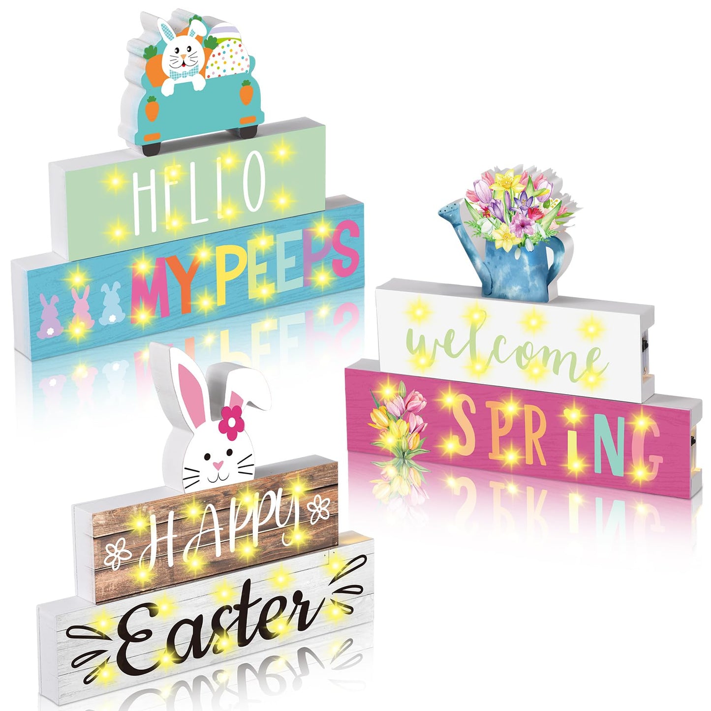 3 Pcs Easter LED Decorations Easter Wooden Sign