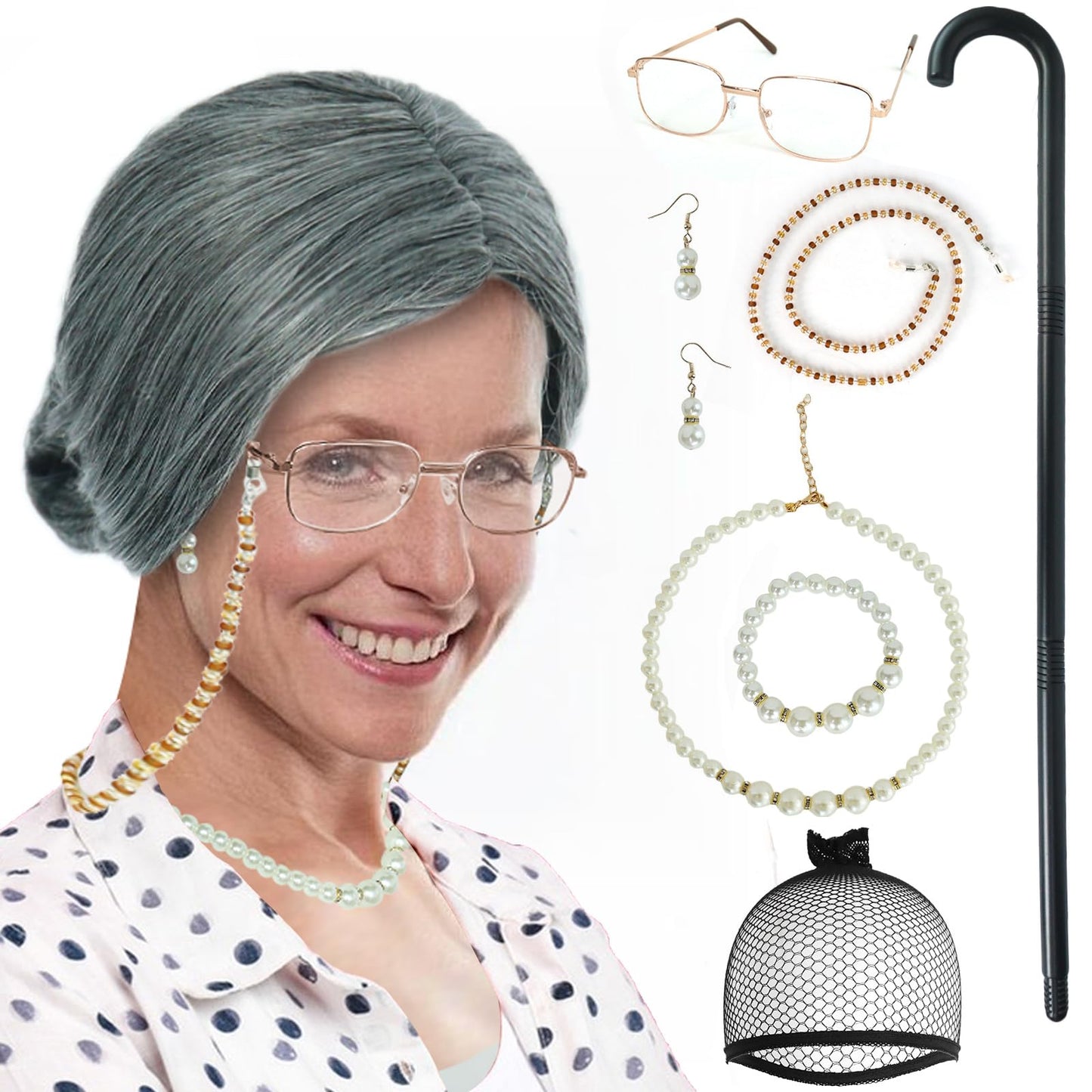 9PCS Gray Old Lady Costume