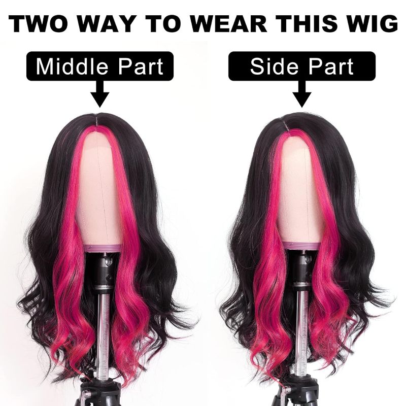 Wigs Stripe Wig Lace Front Hot Pink Highlight 25 inch